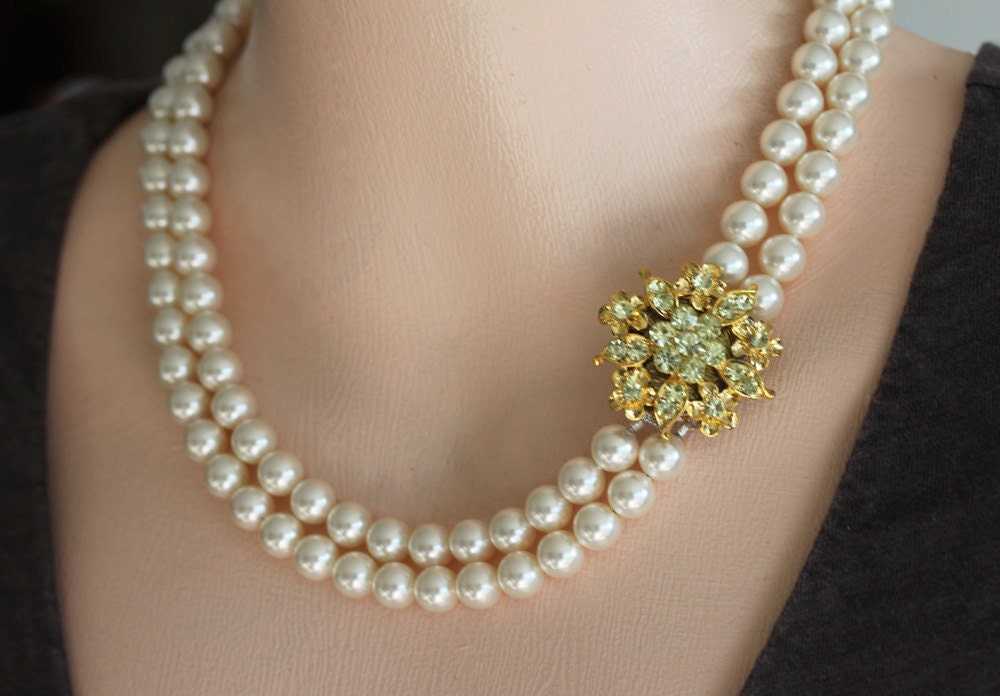 Gold Pearl Necklace,Gold Rhinestone Necklace, Double Strand Pearl Necklace Wedding Jewelry, Pearl Necklace, Bridal Jewelry