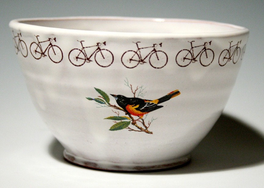 Cereal bowl with image of common birds and bicycles.
