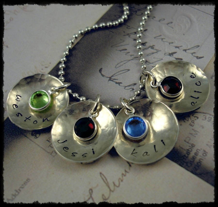 Custom Hand Stamped Jewelry - Four Birthstone Cups Necklace -  Sterling Silver Handstamped Jewelry