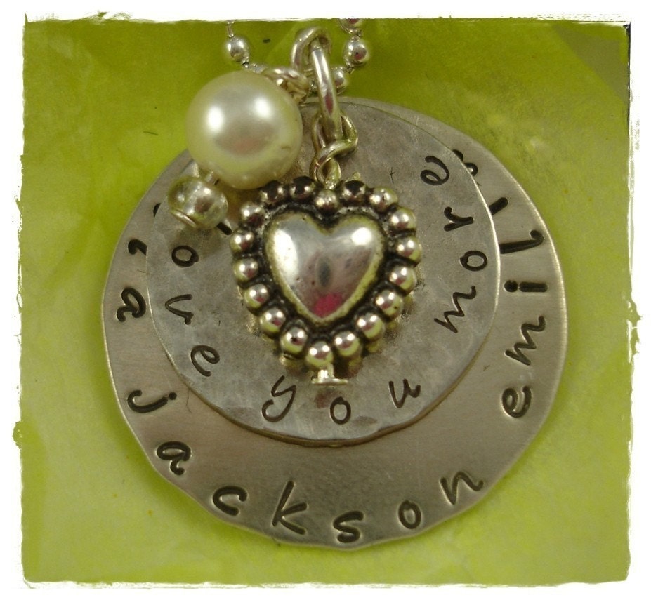 Hand Stamped Necklace I LOVE YOU MORE for Grandma Mom Daughter Grand-daughter Sterling Heart Charm