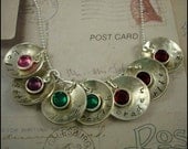 Hand Stamped Sterling Charm Necklace Mom, Grandma, Children 8 Birthstone Discs Family Names