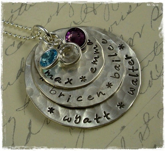 Hand Stamped Jewelry - Personalized Necklace -  ALL MY CHILDREN - Sterling Silver 3 Discs for Moms and Grandmas with Birthstones