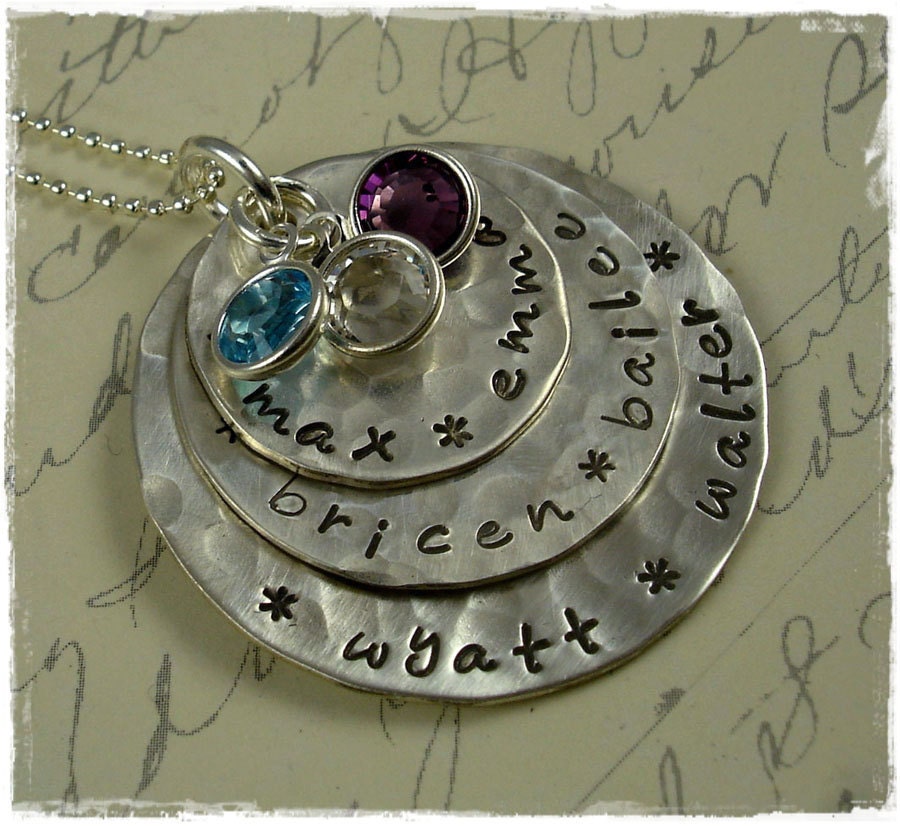 Hand Stamped Jewelry - Personalized Necklace -  ALL MY CHILDREN - Sterling Silver 3 Discs for Moms and Grandmas with Birthstones