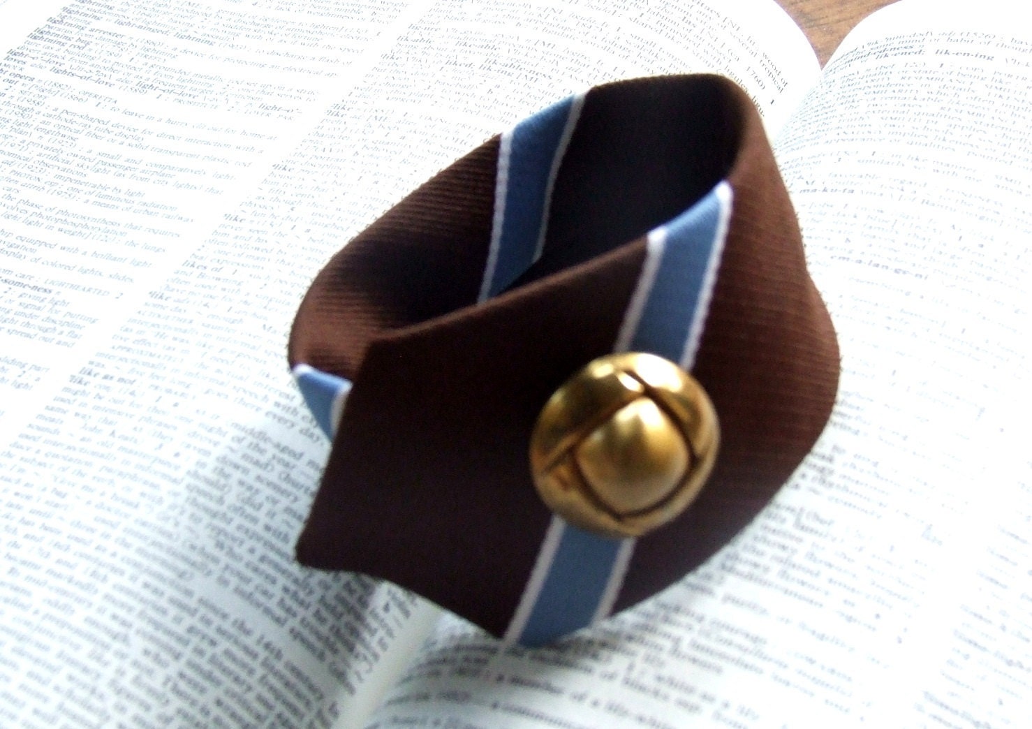 Necktie Wrist Cuff - chocolate brown and sky blue with vintage brass button
