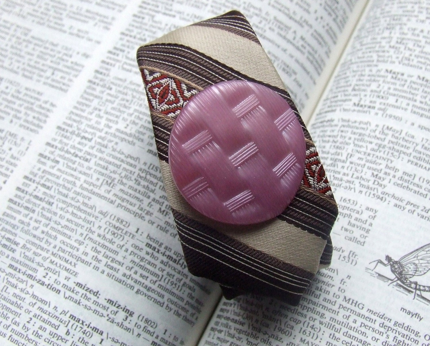 Necktie Wrist Cuff - chocolate brown and mocha with vintage lavender woven button