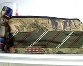 Necktie Zipper clutch purse in olive green & gold from upholstery remnants