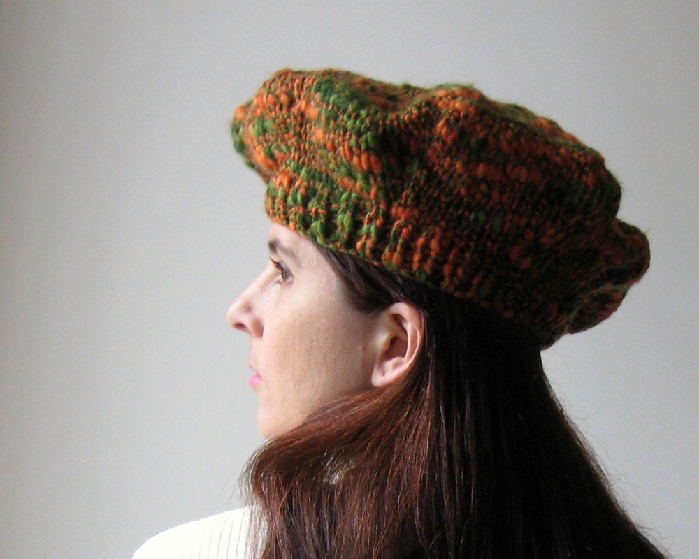 Tam Knitted in Tweed Green and Orange Blend Wool