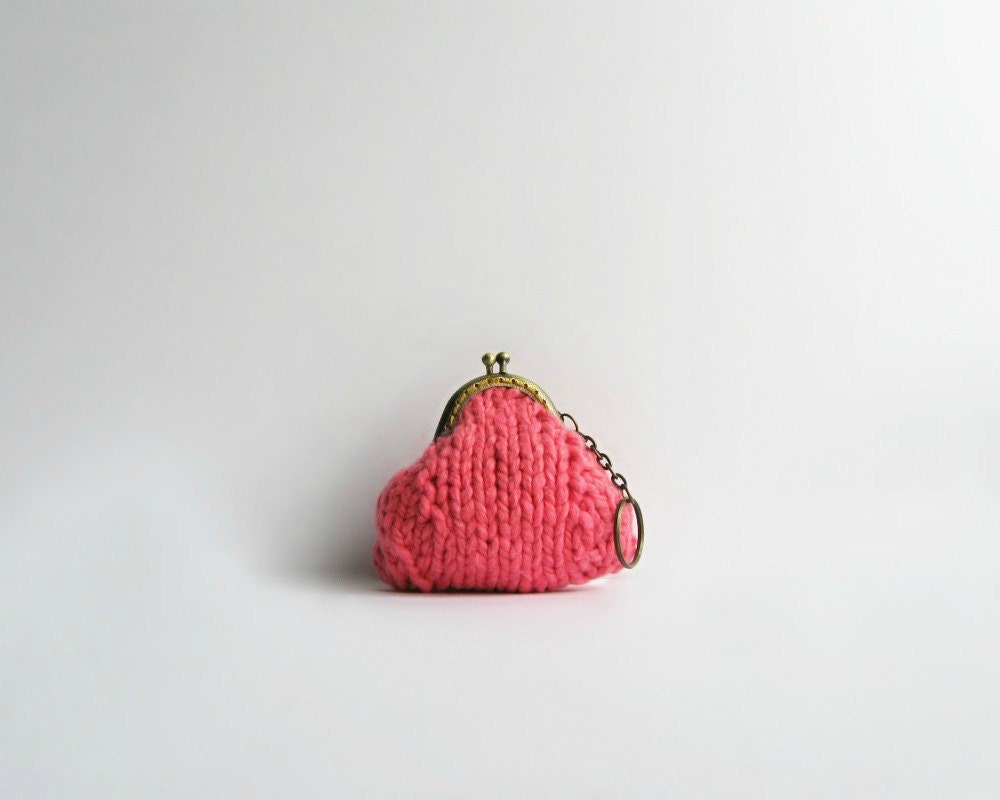coin purse knitted in brink pink cotton yarn