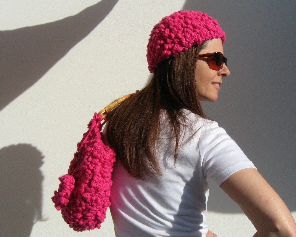 Tuque Hat Knitted in Magenta Cotton