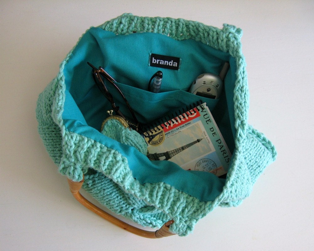 Mint Green Bag Knitted in Cotton with Rattan Handles