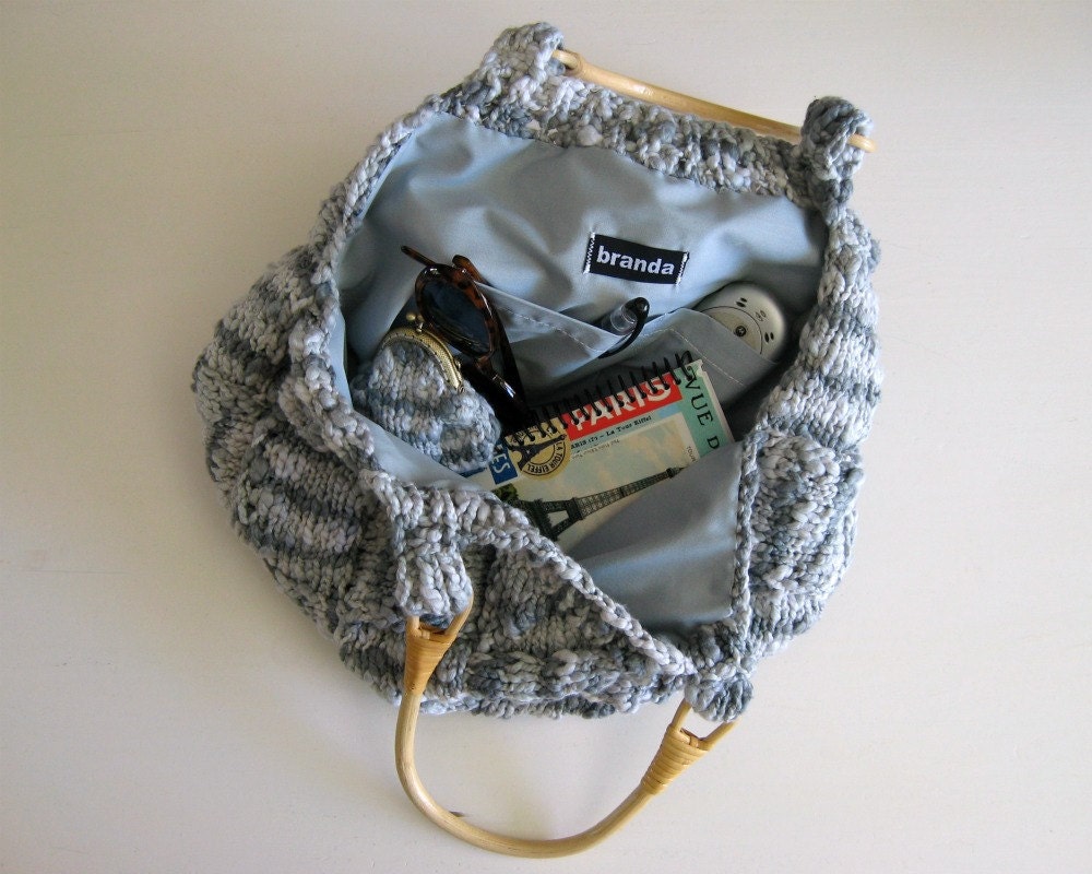 Handbag Knitted in Variegated Gray Cotton with Rattan Handles