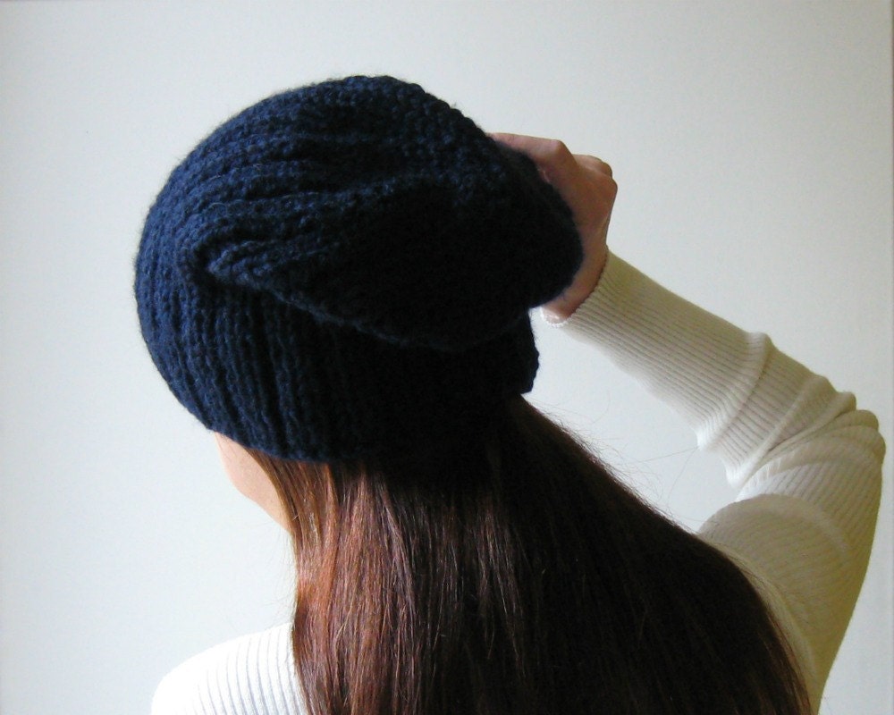 Beanie Hat Knitted in Navy Blue Wool