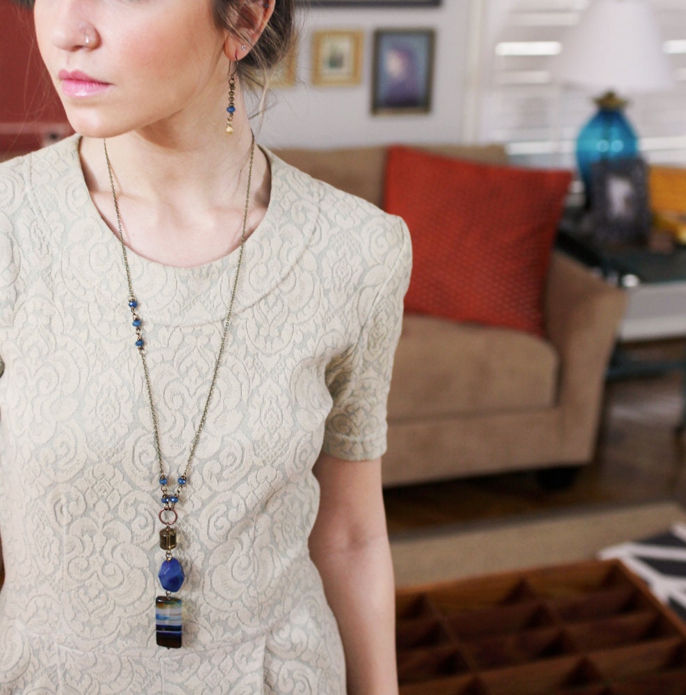 Filippa Necklace - Blue Agate, Smoky Quartz, Teal Jade, Clear & Blue Striped Agate, Antique Brass - Long, Bright Necklace