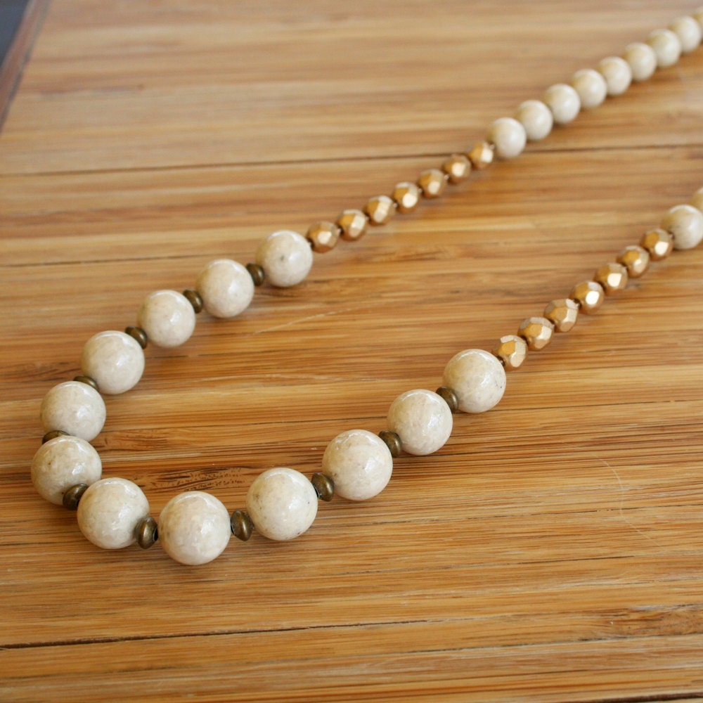 Ambra Necklace - Ivory Riverstone, Gold Glass - Long, Graduated Necklace
