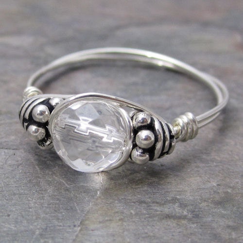 Clear Crystal Quartz Faceted Bali Sterling Silver Wire Wrapped Beaded Ring ANY size