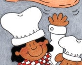 ACEO Original Illustration - Folk Art - Cute Whimsical - 2.5" X 3.5" - The Amazing Pizza Chefs