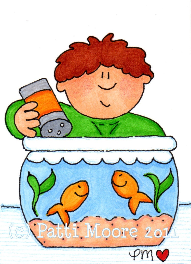 ACEO Original Illustration - Folk Art - Cute Whimsical - 2.5" X 3.5" - Here Fishy Fishy