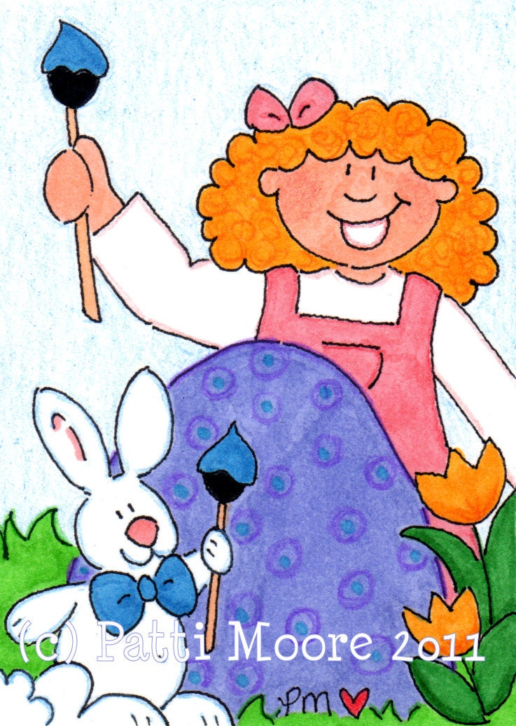 ACEO Original Illustration - Folk Art - Cute Whimsical  - 2.5" X 3.5" - Easter Egg Art