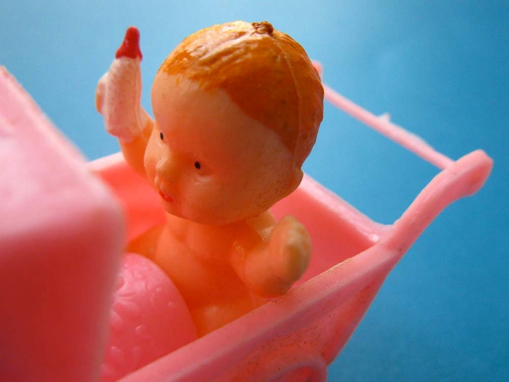 Vintage Baby in Pink Carriage Miniature Figurine, Dollhouse Doll, Baby Shower Party Favor, Cake Topper