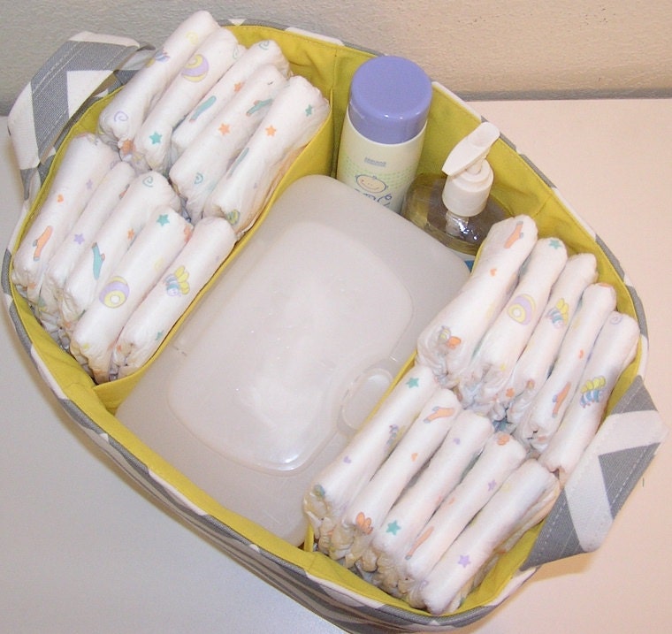 Diaper Caddy Chevron Gray White Slub Zig Zag Yellow Accent Fabric Organizer Bin Basket  Dividers