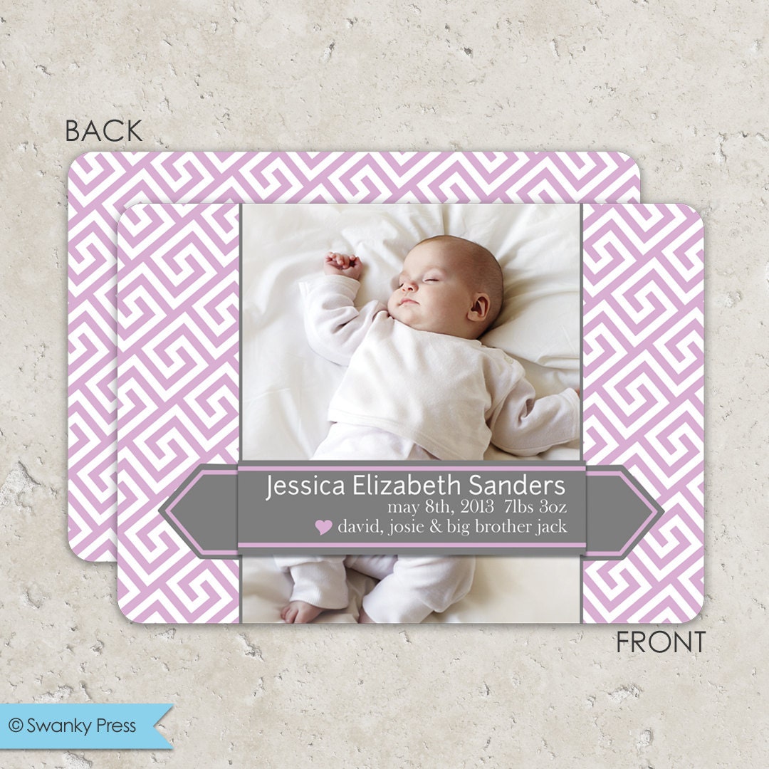 Birth Announcement, photo birth announcement, modern birth announcement, baby girl announcement "greek key lavender" Il_170x135