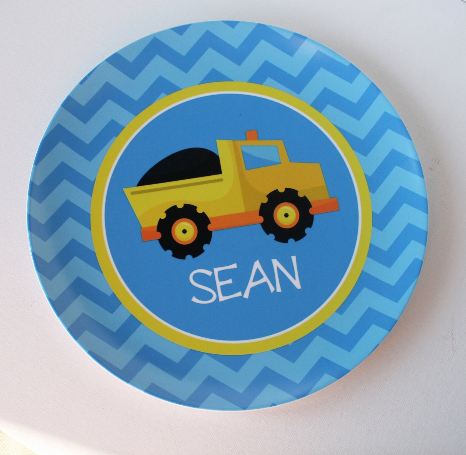 Personalized Melamine Plate - Construction Dump Truck - Bulldozer - Backhoe - Tow Truck Il_570xn