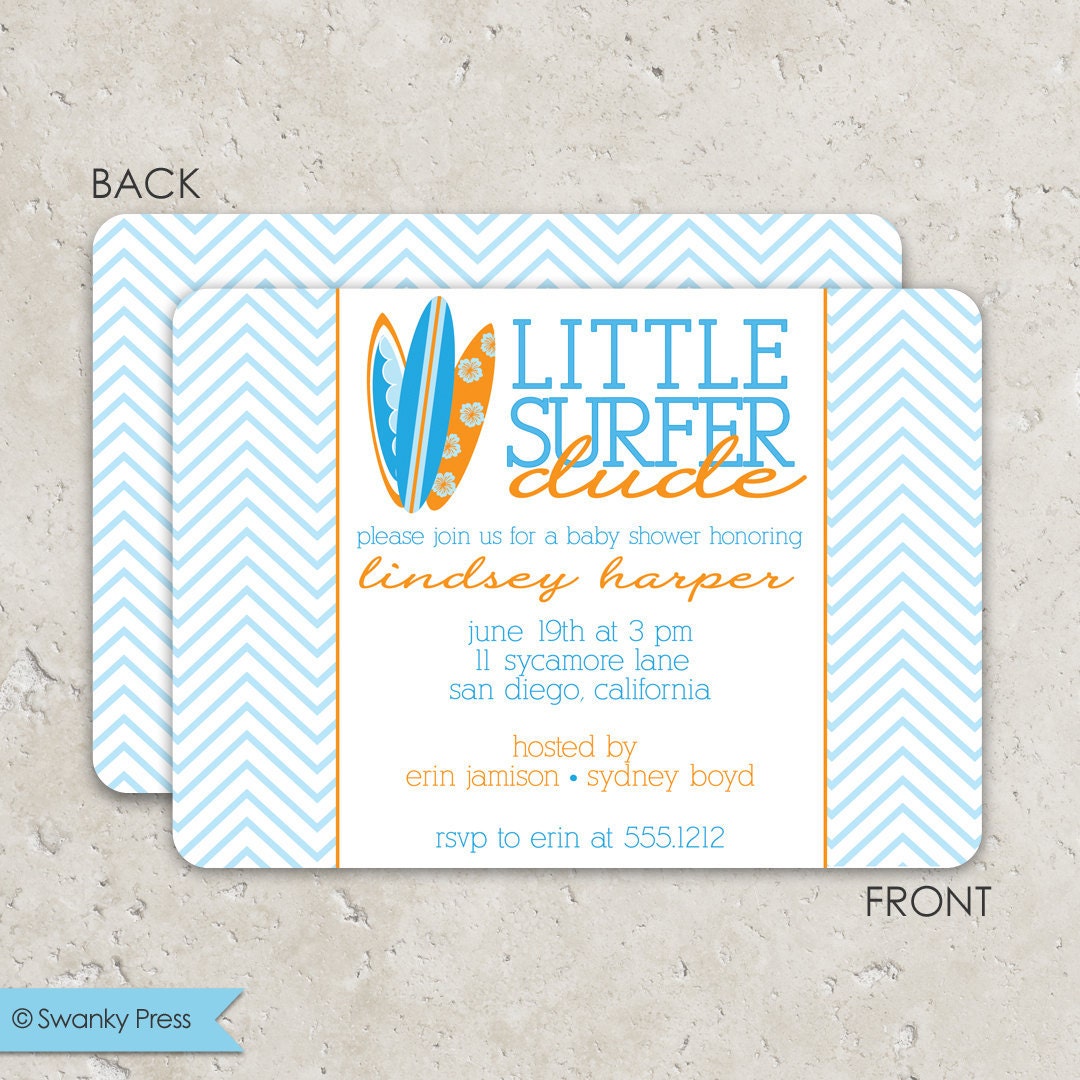 surf board baby shower . sip and see invitation chevron  "little surfer dude"