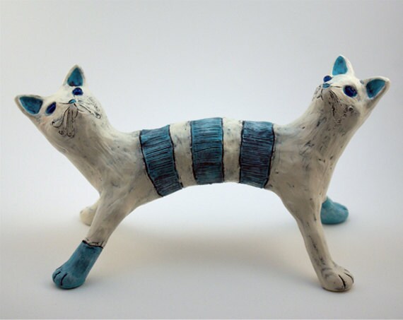 Clay Cat Sculpture Art Object Blue Beige Monster Janus