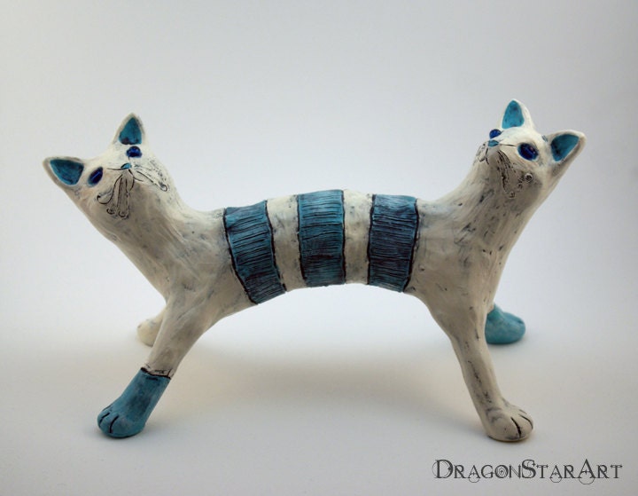 Clay Cat Sculpture Art Object Blue Beige Monster Janus