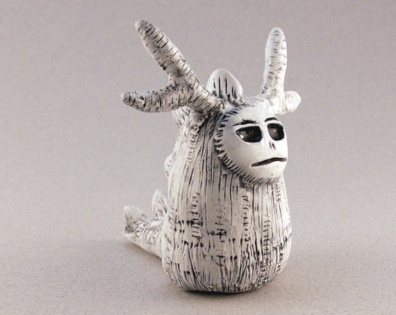 Clay Monster Figurine with Antlers White and Gray