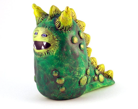 Clay Dragon Sculpture Green Gold Yellow Painted Polymer Clay