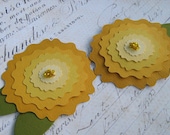 Yellow Paper Flowers, Yellow Tags,  Peony Embellishments - Set of 2