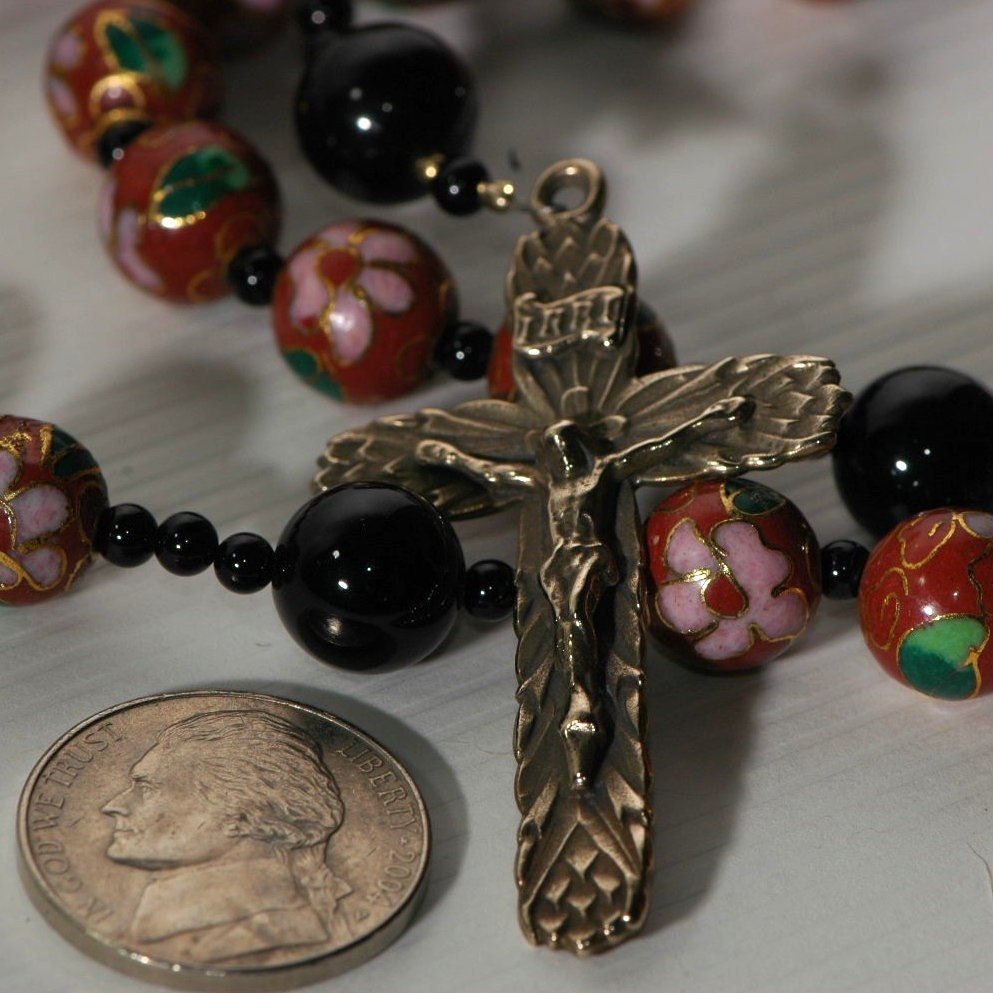 Handmade Rosary  Brown Cloisonne and Black Onyx Eucharist