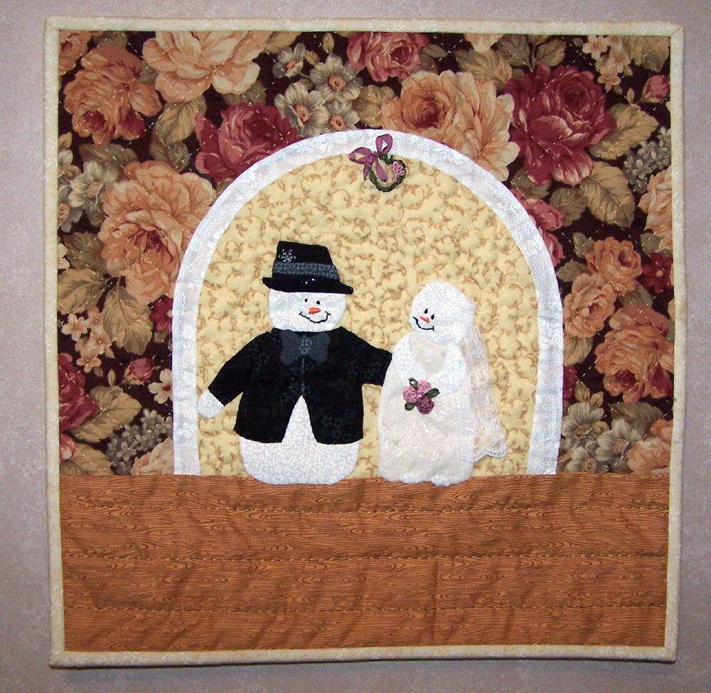 Wedding quilt wall hanging bride and groom snowman and snowwoman