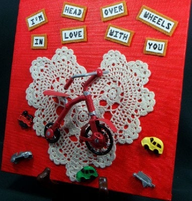 Valentines Day Tricycle Wheels Lace heart Valentine Head over Wheels in love Original mixed media  8 by 8 in