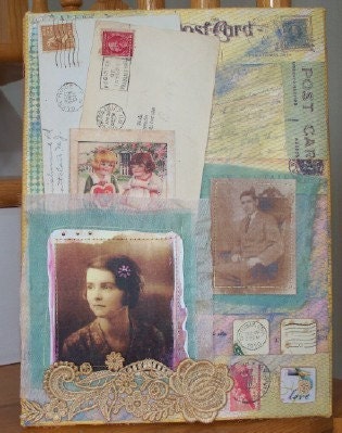 Vintage photos, Love story, Love Letters Memories, original mixed media, 9 by 12 inch
