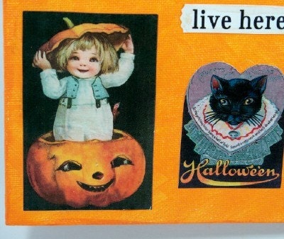 Little Witches Vintage art Halloween pumpkins Original Halloween mixed media art 8 by 8