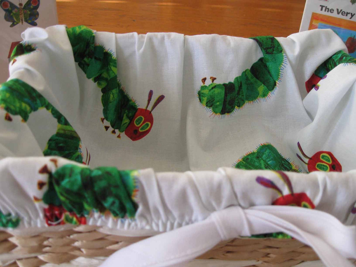 Book Basket with handmade basket liner and Eric Carle Books