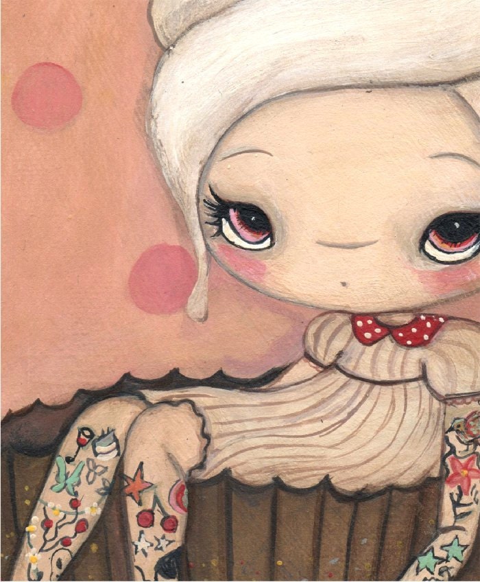 Cupcake Print Tattoo Girl Pink Cake Cherry Wall Art ---Tattood Cupcake Girl 5 x 7