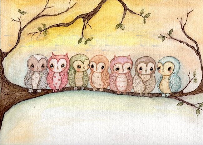 Owl Painting---Owls Original Watercolor Painting 9 x 12