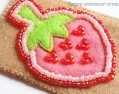 Original ACEO Strawberry Art Hand-stitched Felt Quilt Applique Beaded Cute Fruit