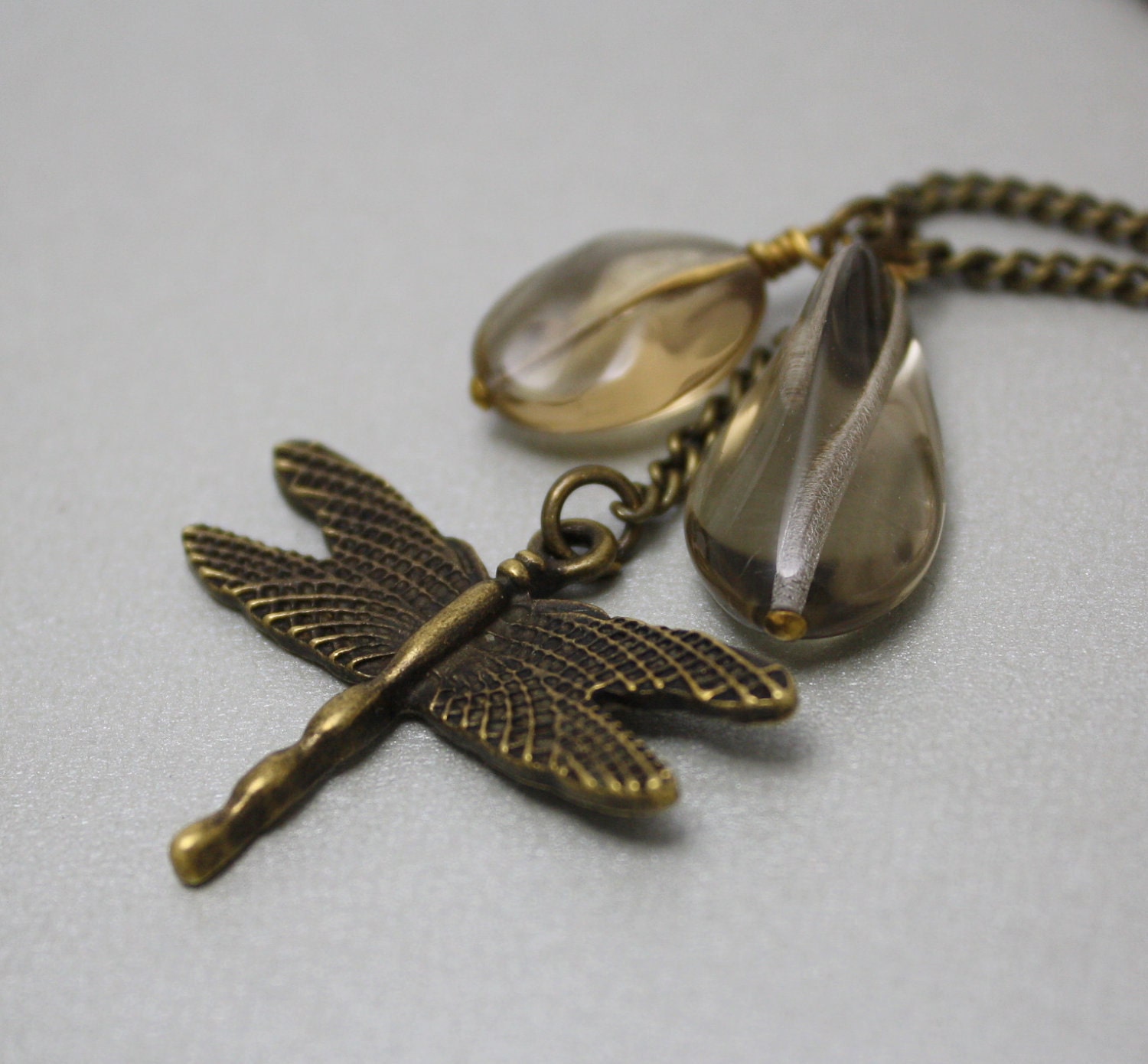 Romantic dragonfly charm necklace with Czech glass beads