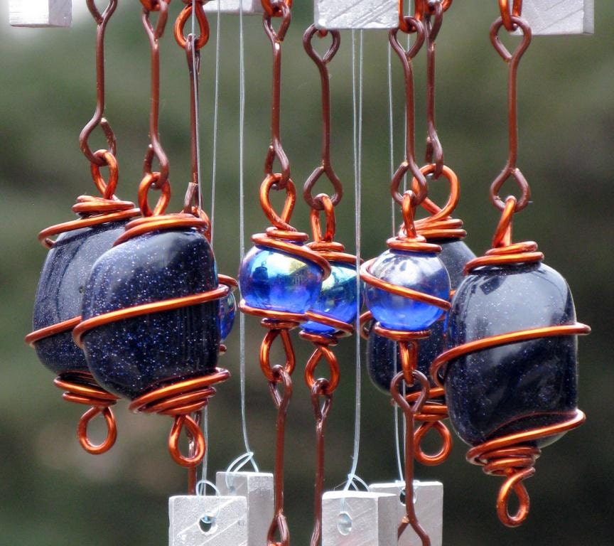 Blue Goldstone Windchime / Wind Chime with Recycled Aluminum and Copper Wrapped Blue Glass Marble Prisms, Outdoor Garden