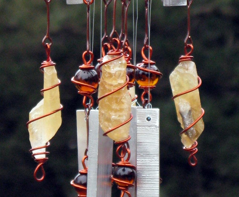 Honey Calcite Windchime / Wind Chime with Recycled Aluminum and Copper Wire Wrapped Deep Amber Glass Marble Prisms
