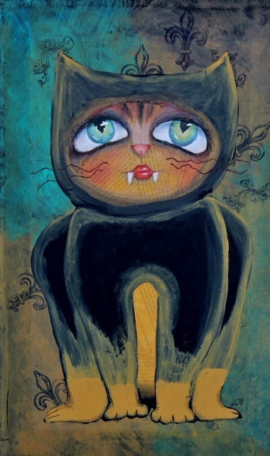 ORIGINAL Painting BABYCAT on Wood Panel- Mixed Media Abstract Cat Folk, Pop, Modern, Acrylic angiec