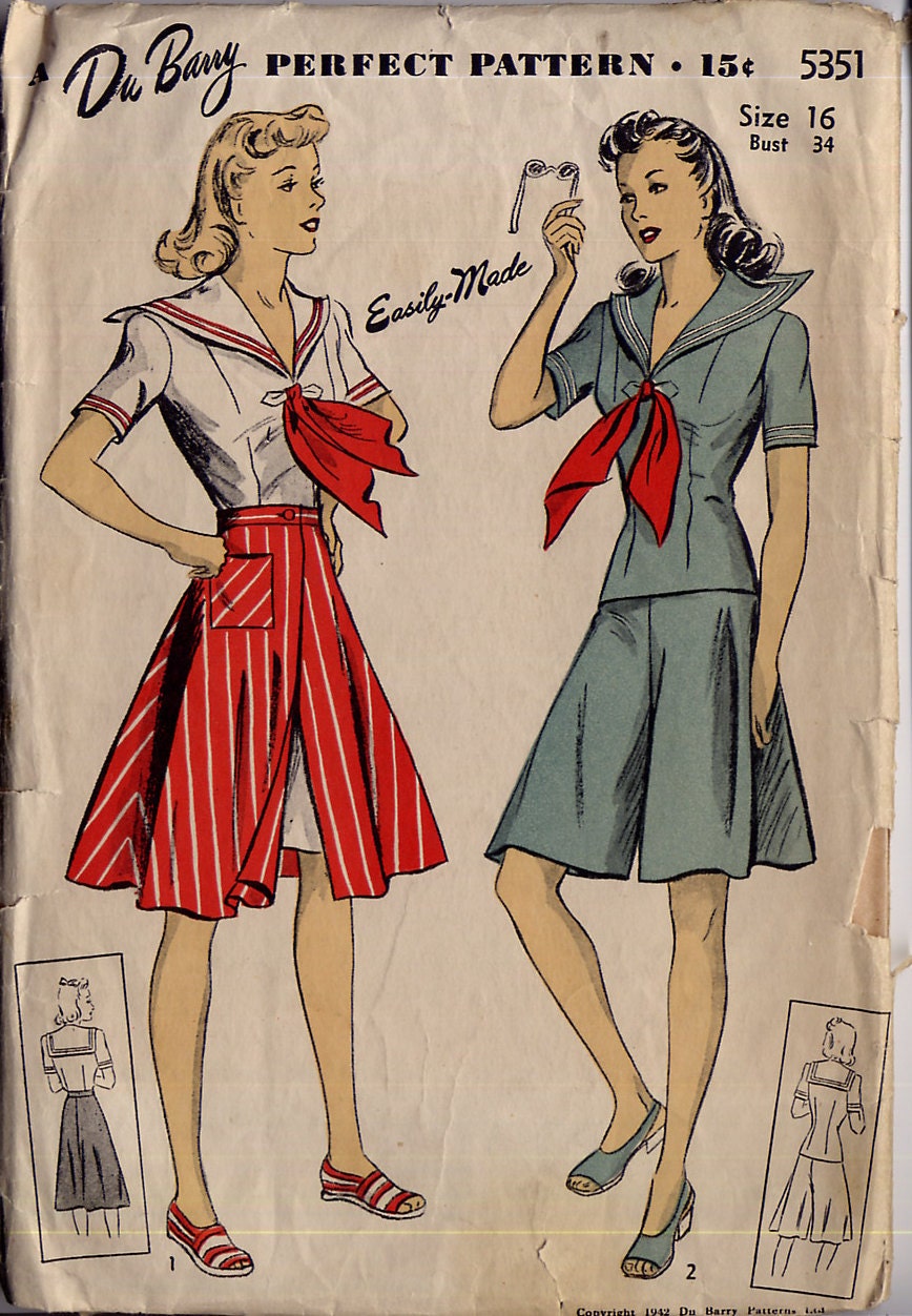 1940s DuBarry 5351 - Sailor Blouse, Culotte, Skirt Pattern - Size 16