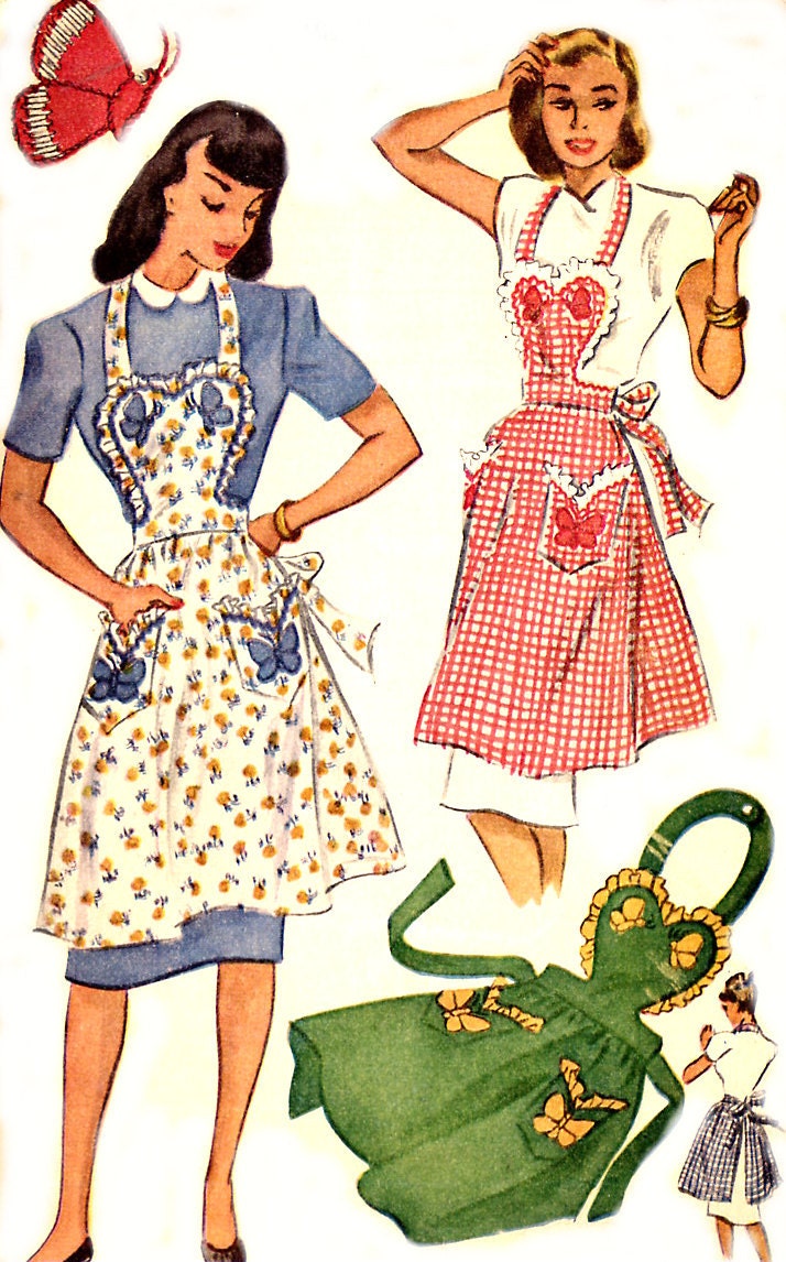 Vintage 40s Apron Pattern - McCall 1257 - Sweetheart Bib - Butterfly Applique - Size Small 12-14 - Uncut