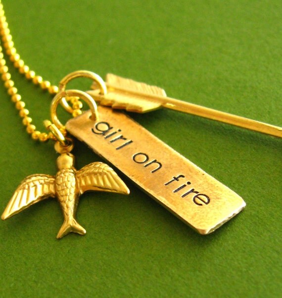 Hunger Games Necklace - Girl on Fire - Mockingjay and Arrow in brass and gold plated - Katniss Everdeen