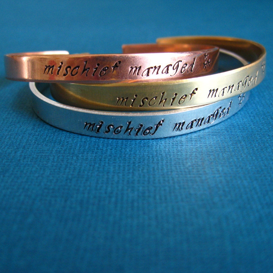 Harry Potter Bracelet -Mischief Managed -Hand Stamped Cuff Bracelet