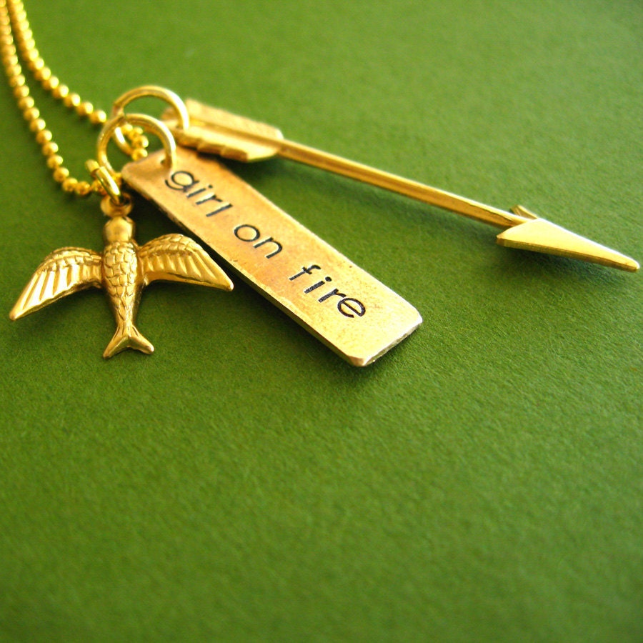 Hunger Games Necklace - Girl on Fire - Mockingjay and Arrow in brass and gold plated - Katniss Everdeen